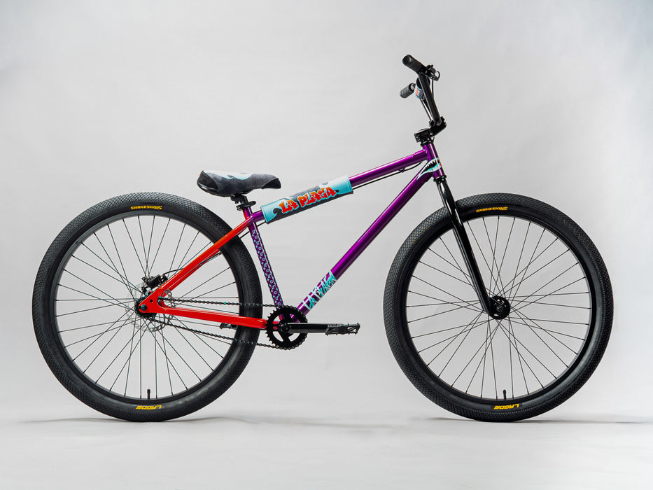 Side view of the Mafia Bikes La Plaga bike in Purple & red, Mafia La Plaga Bomma ST wheelie bike for bike life riders.