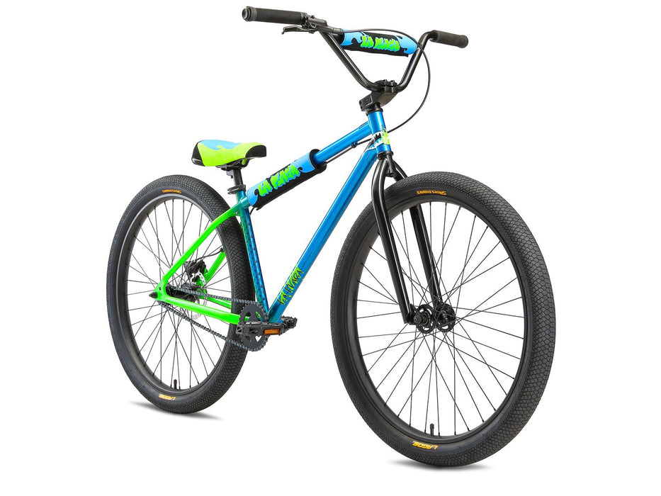 Front view of the Mafia Plaga Bomma in Blue & green, 27.5 inch Big BMX bike for urban riding.