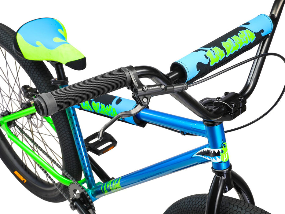 close up view of the Mafia La Plaga ST in Blue & Green, Bike life combo bike with 27.5 inch wheels.