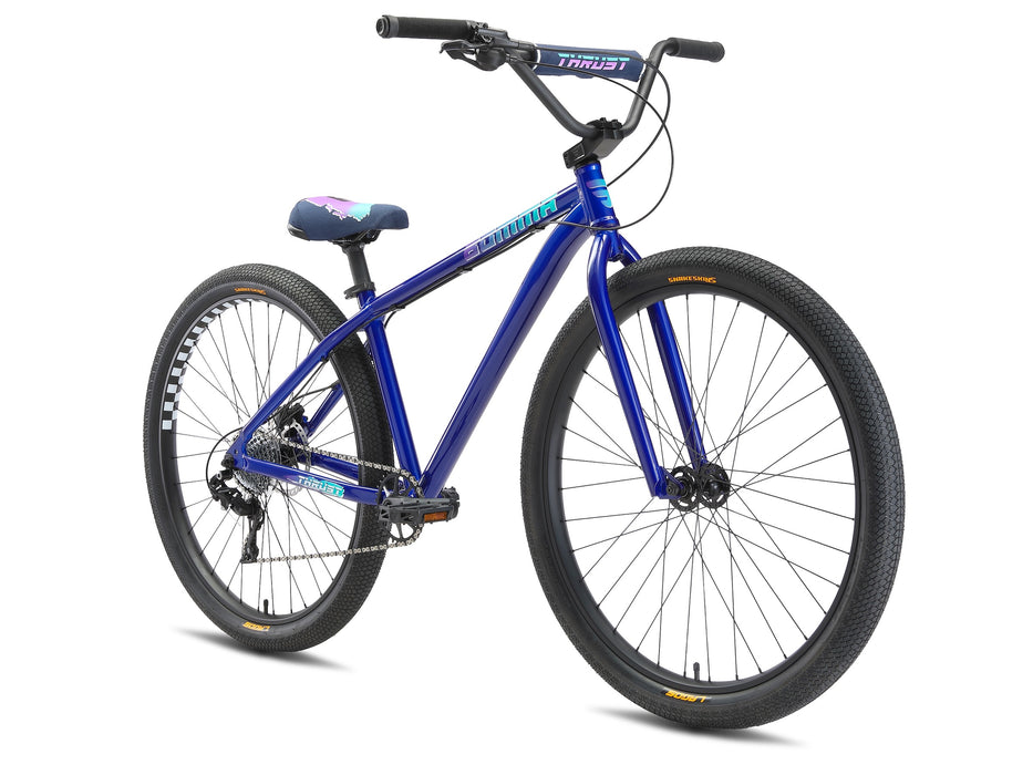 Front and side view of the Mafia Bomma Thrust in blue, Bike life rideout bicycle with 29 inch wheels