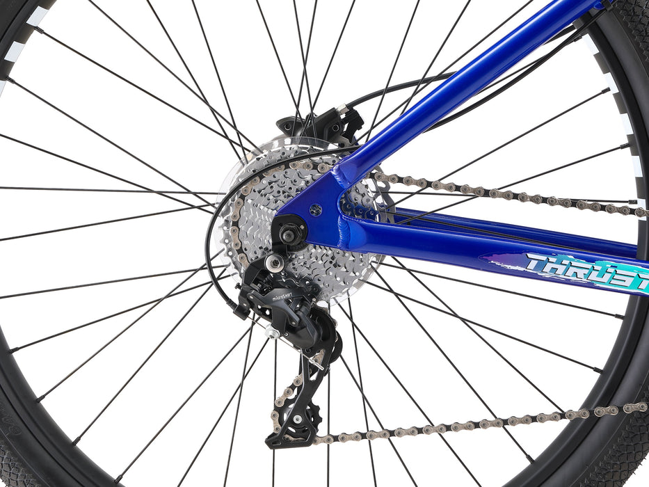 Side view of the Blue Mafia Thrust rear wheel and derailleur 