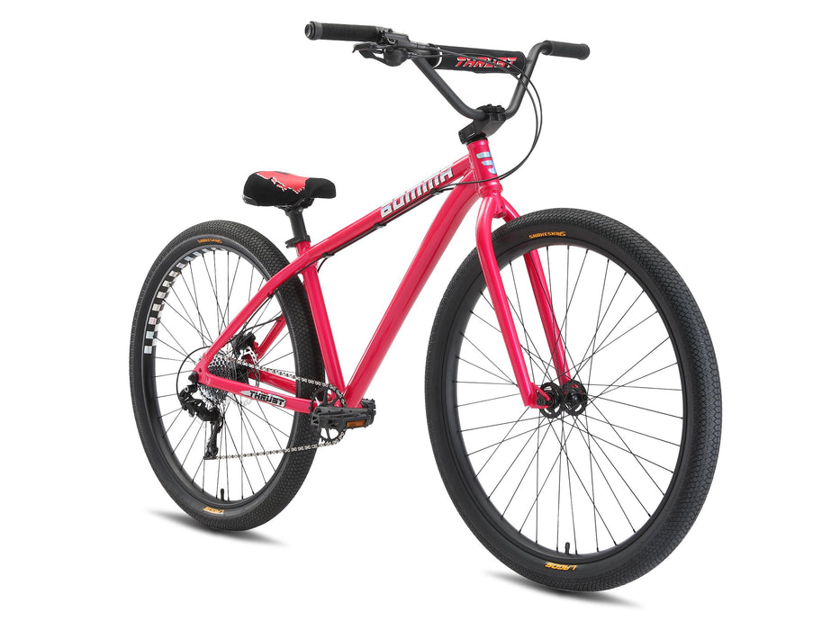 Front and side view of the 29" Mafia Thrust in pink, Urban BMX bike built for wheelie progression and balance control