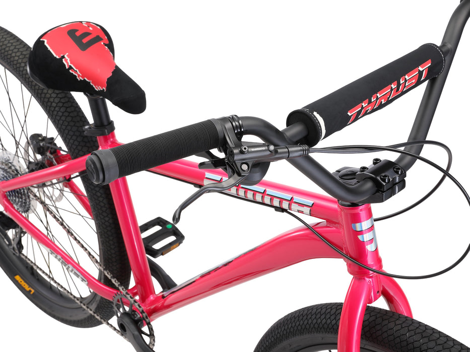 Top and side view of the 29" Mafia Thrust in Pink, close up view of the controls