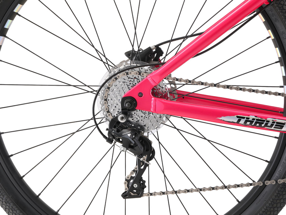 Side view of the Pink Mafia Thrust rear wheel and derailleur 
