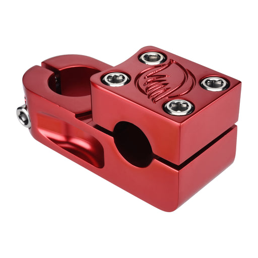 Top view of the Se Racing Narler stem in Red, top load BMX stem for 22.2 handlebars and 1 1/8 fork steerer.