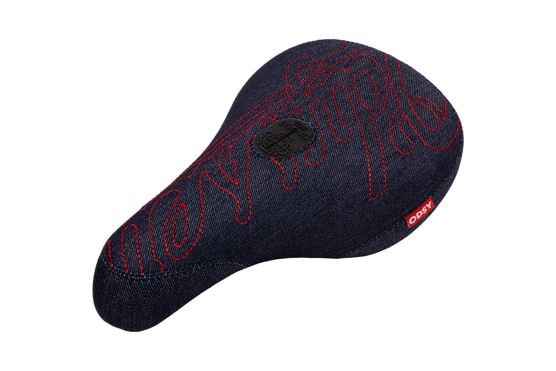 Black pivotal bmx seat with red text on a white background