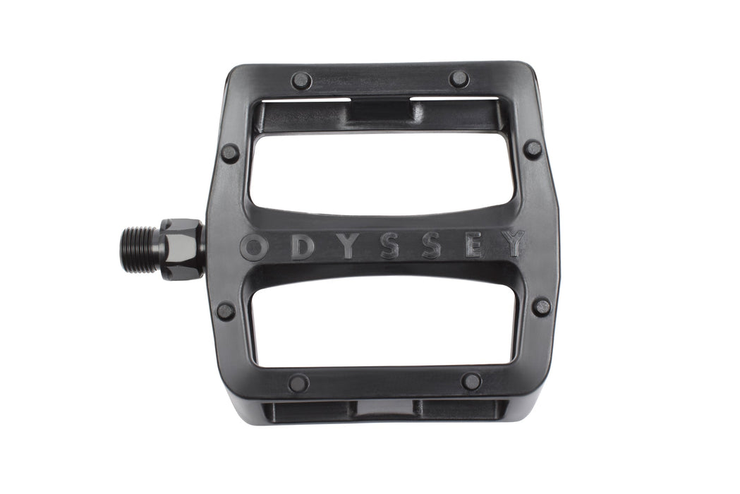 top view of the odyssey grandstand v2 pedal in black, odyssey pedals, bmx pedals
