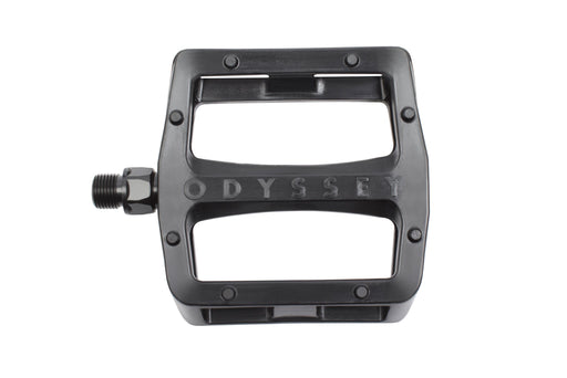 top view of the odyssey grandstand v2 PC pedal in black, odyssey pedals, bmx pedals