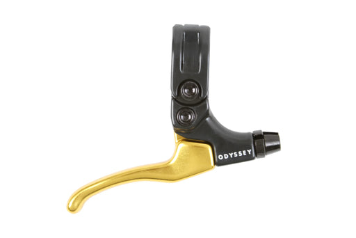 Top view of the odyssey Medium Monolever brake lever in gold, bmx brake lever, 990 brake lever, odyssey Brake Lever