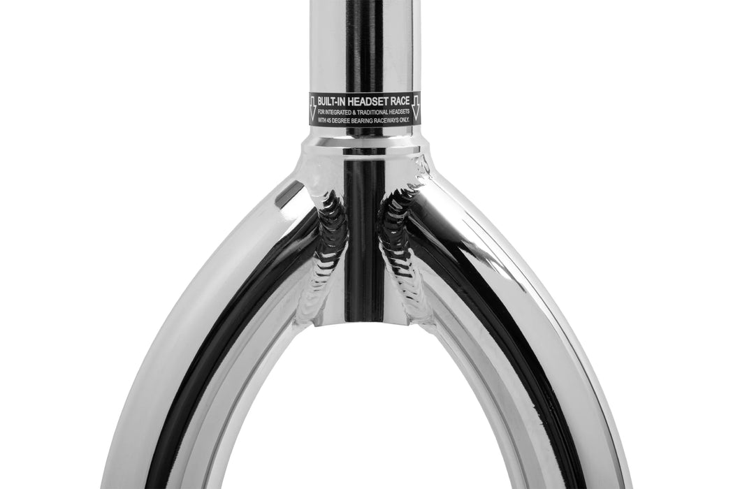 close up view of the Odyssey R25 forks in chrome, Bicycle fork replacement, bicycle fork repair, bicycle fork installation, bicycle fork bearing replacement, bicycle fork alignment, bicycle fork maintenance, bicycle fork removal, bicycle forks, bicycle fork rake explained, bicycle fork shakes when braking, bicycle fork adjustment, bicycle fork loose, bicycle fork assembly, bike fork installation