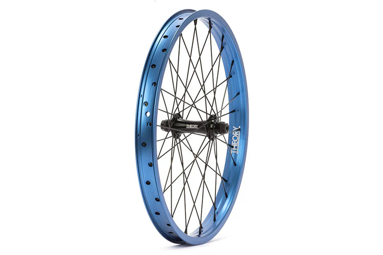 side angle view of theory predict front wheel in blue