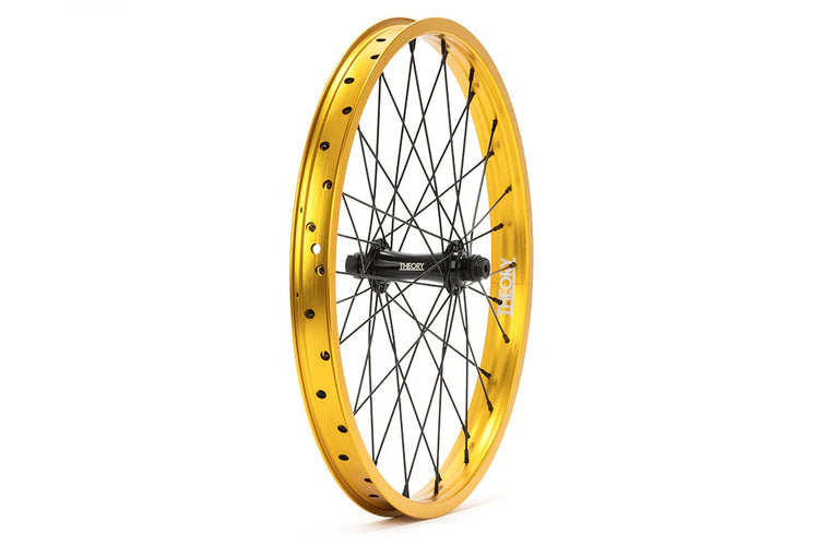 side angle view of theory predict front wheel in gold