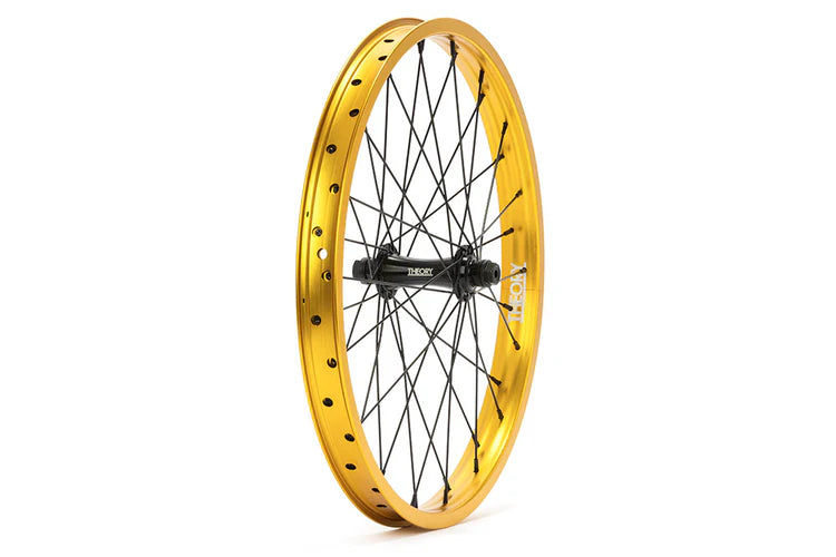 side angle view of theory predict front wheel in gold