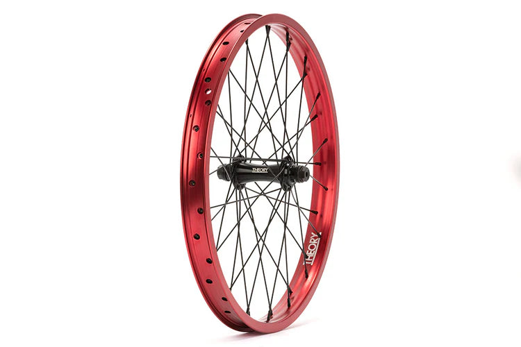 side angle view of theory predict front wheel in red