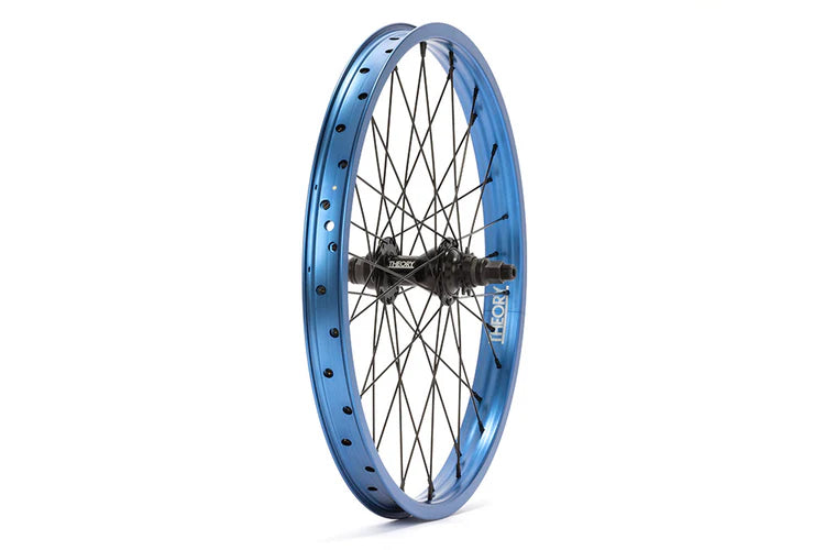 side angle view of theory predict rear wheel in blue