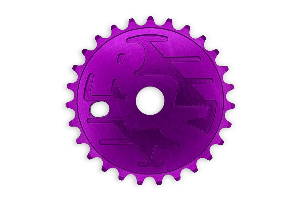 Front view of the Ride out supply ROS Sprocket in purple, big bmx sprocket
