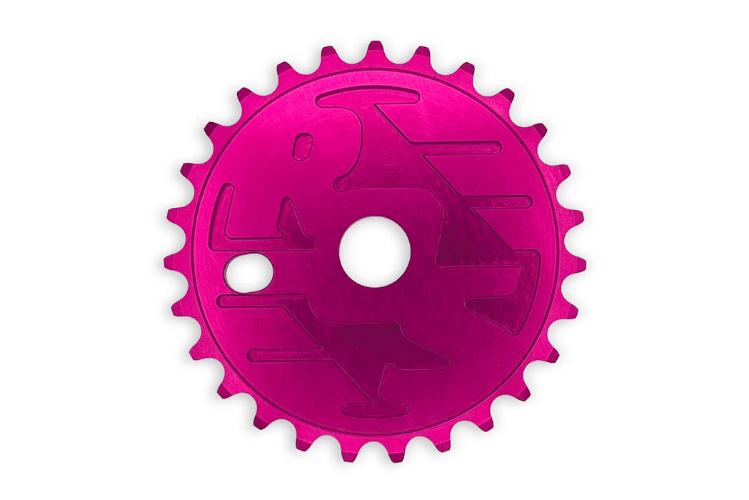 Front view of the Ride out supply ROS Sprocket in pink, big bmx sprocket