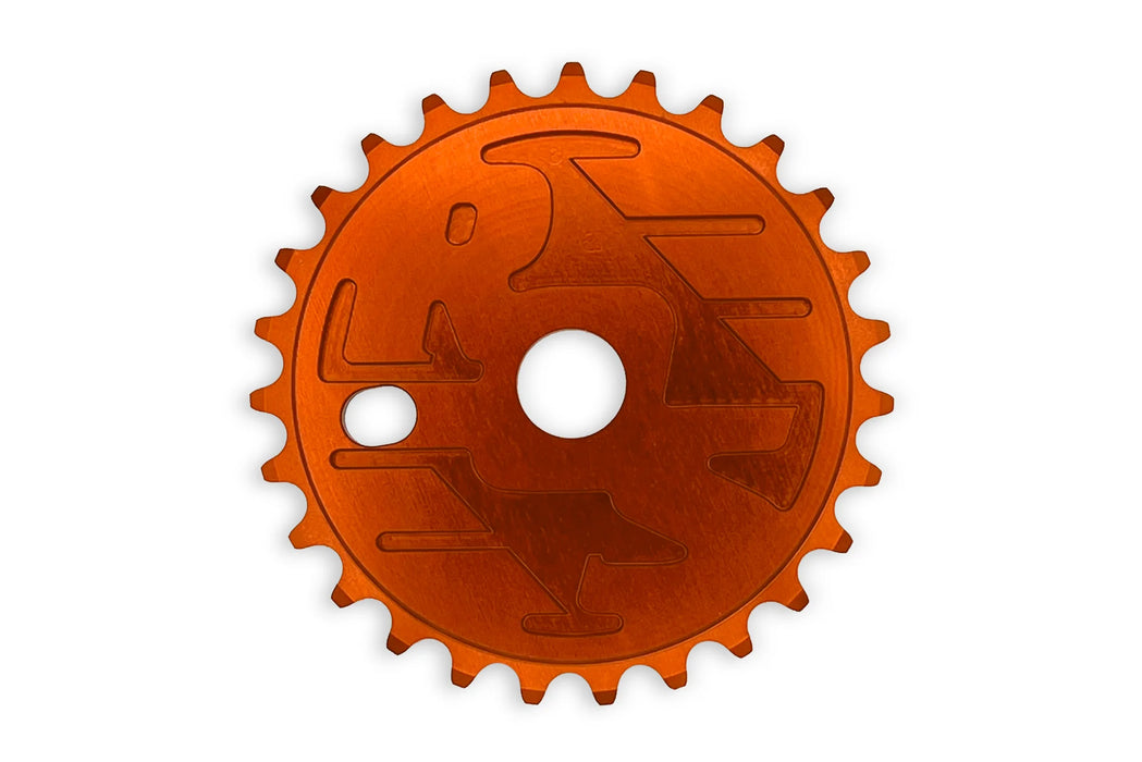 Front view of the Ride out supply ROS Sprocket in orange, big bmx sprocket