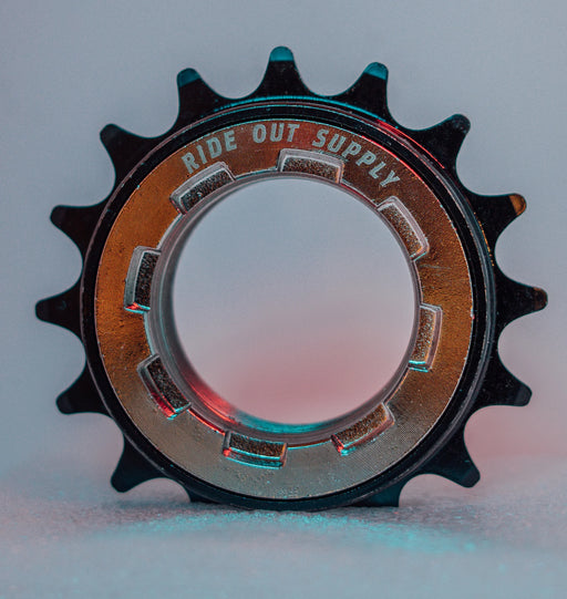 side view of the ride out supply freewheel in chrome and black, bmx freewheel, loud freewheel, ROS Freewheel