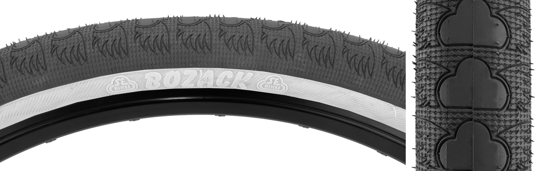close up view of the side wall and tread of the SE Bikes Bozack tire with a whitewall tire, 29 inch bmx tires for wheelies