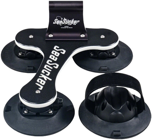 complete view of the SeaSucker Talon 1-bike roof rack in black, SeaSucker Bike Rack mounted on a car roof carrying a BMX bike.