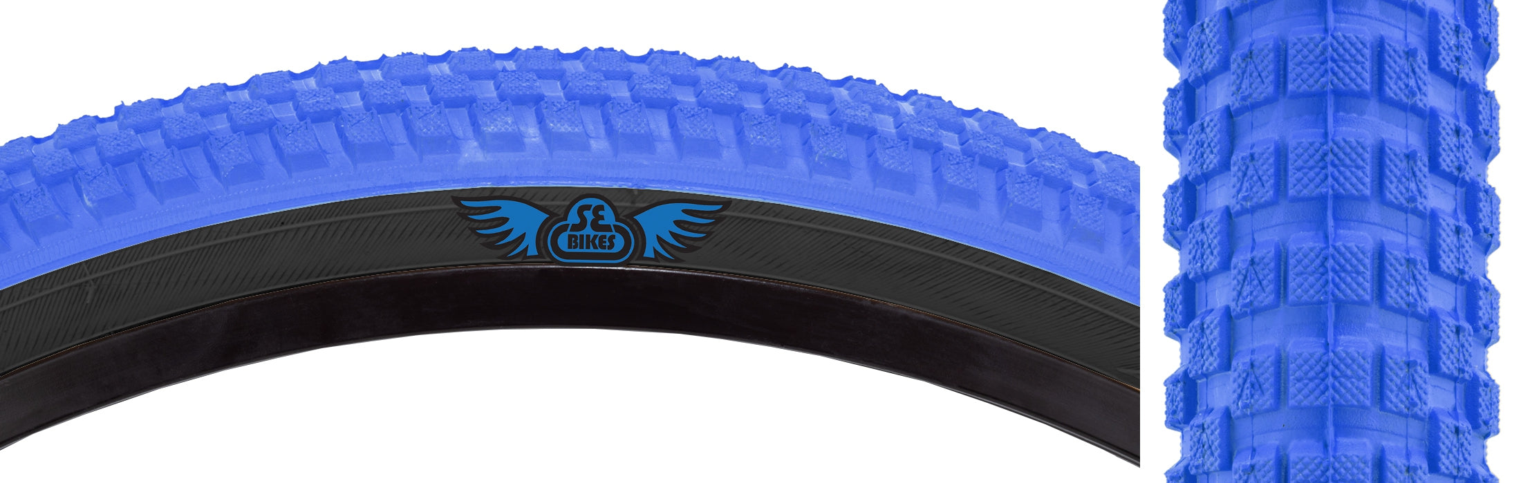 side view of cub tire in blue
