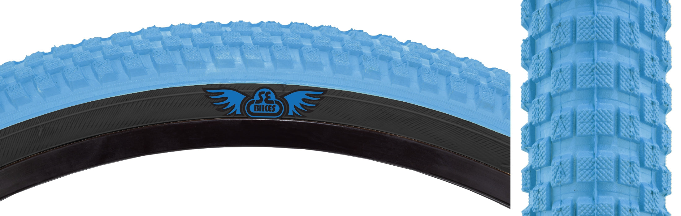 side view of cub tire in light blue