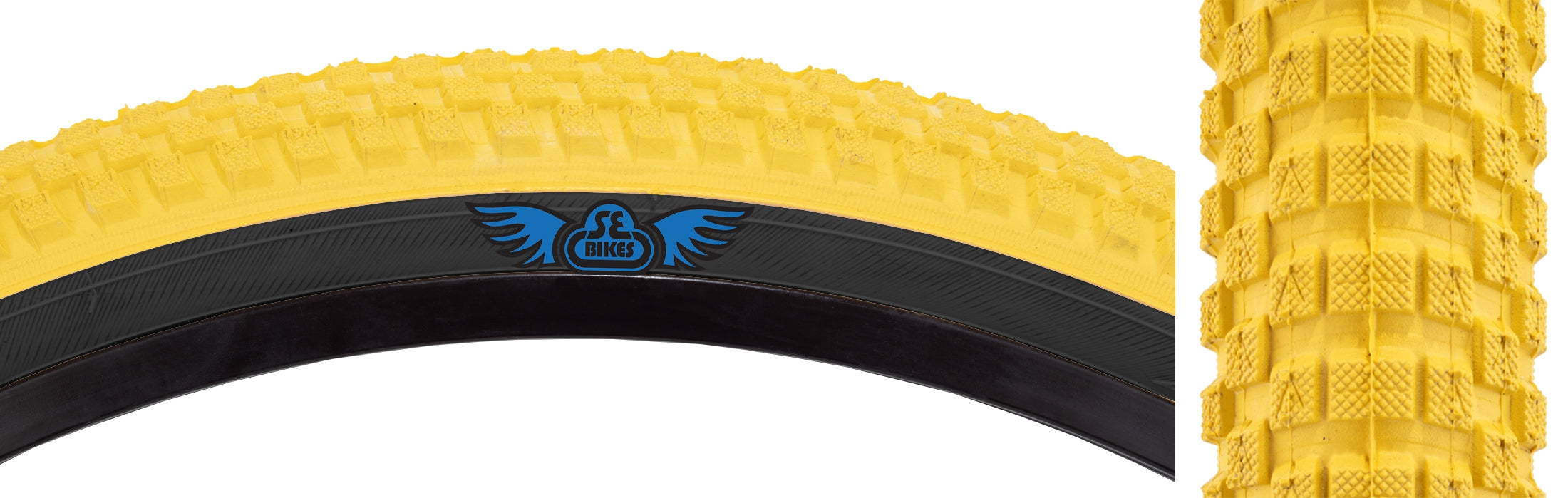 side view of cub tire in yellow