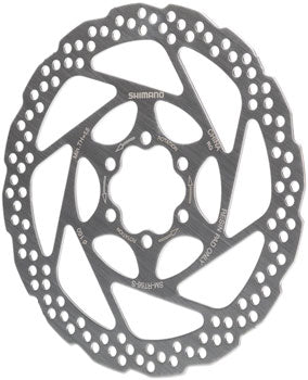 Front view of the Shimano Deore SM-RT56 disc brake rotor in silver