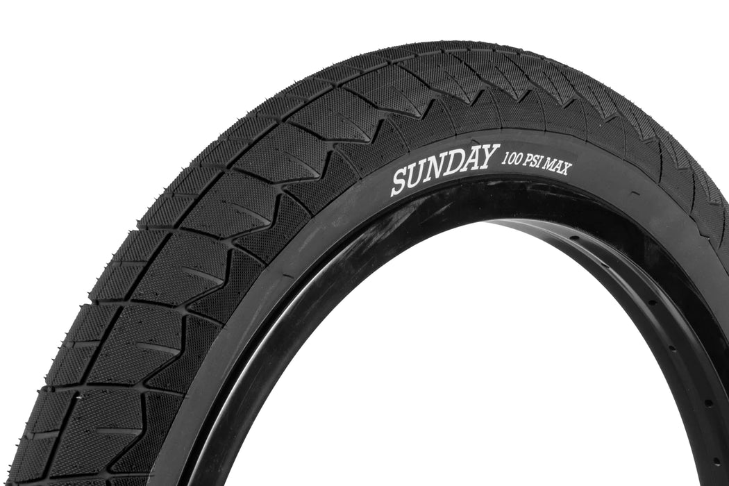 side view of the Sunday current V2 tire in black, bmx tire, 20 inch tire