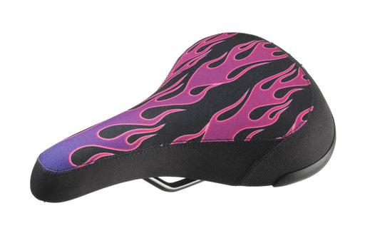 Top view of the Sunday Flamed Cruiser railed seat in black and purple, sunday flame seat, bmx seat, railed seat