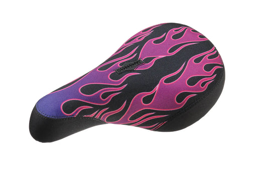 Top view of the SUnday Flamed Cruiser Pivotal seat in black and purple, sunday flame seat, bmx seat, pivotal seat