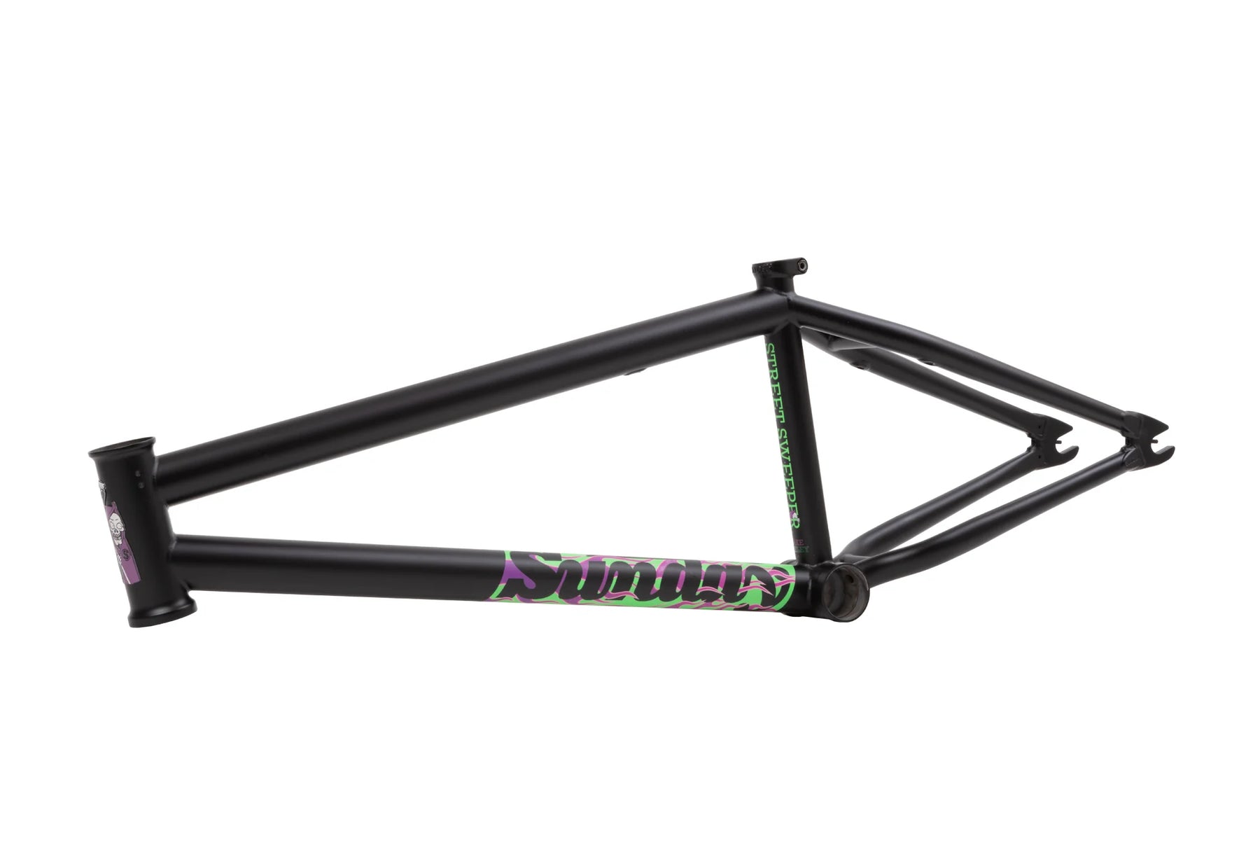side view of the Sunday Street sweeper frame in black with purple & green flames