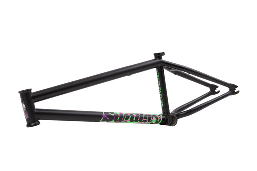 side view of the Sunday Street sweeper frame in black with purple & green flames