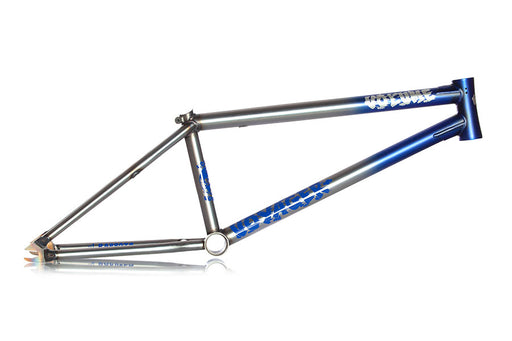 side view of the Volume Voyager frame in raw blue fade