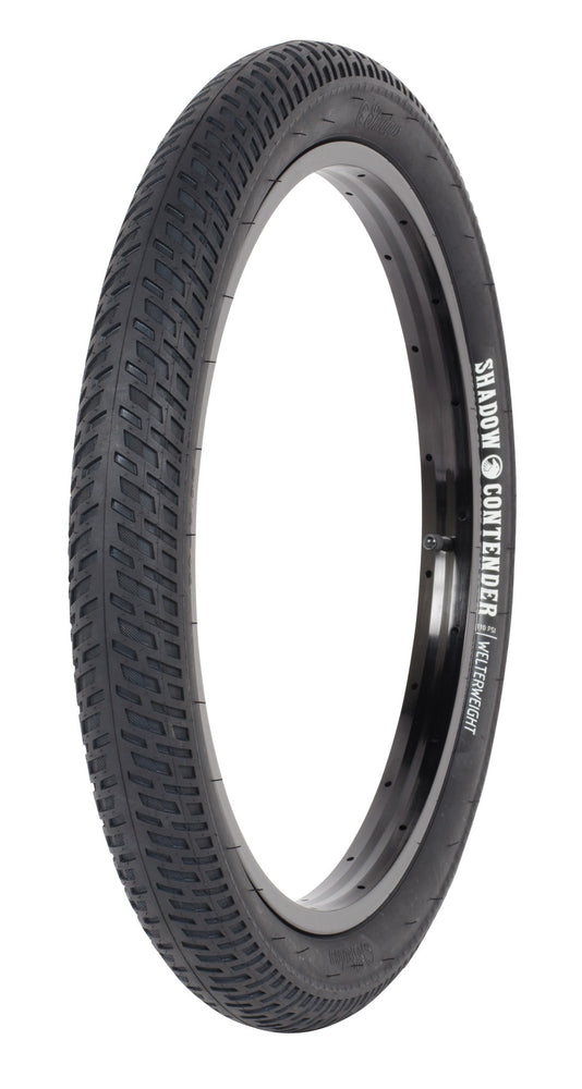 Side view of the Shadow Conspiracy Contender welterweight tire in Black, bmx tire, bmx street tire, shadow tire