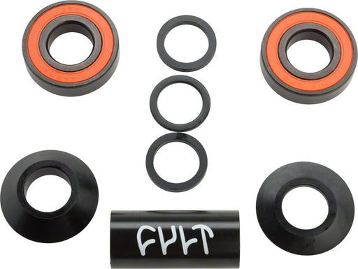Complete view of the cult mid bottom bracket in black, bmx crank bearings, cult bottom bracket, 3pc crank bearings