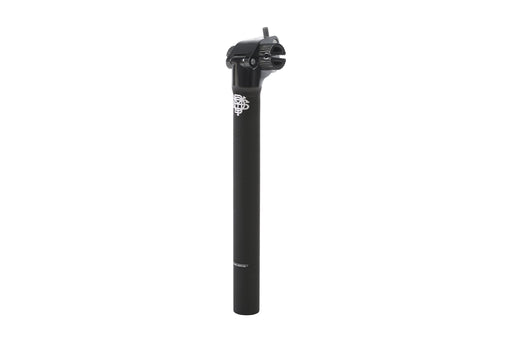 Front view of the odyssey intact seat post in black, railed seat post, 25.4mm seat post, bmx seat post