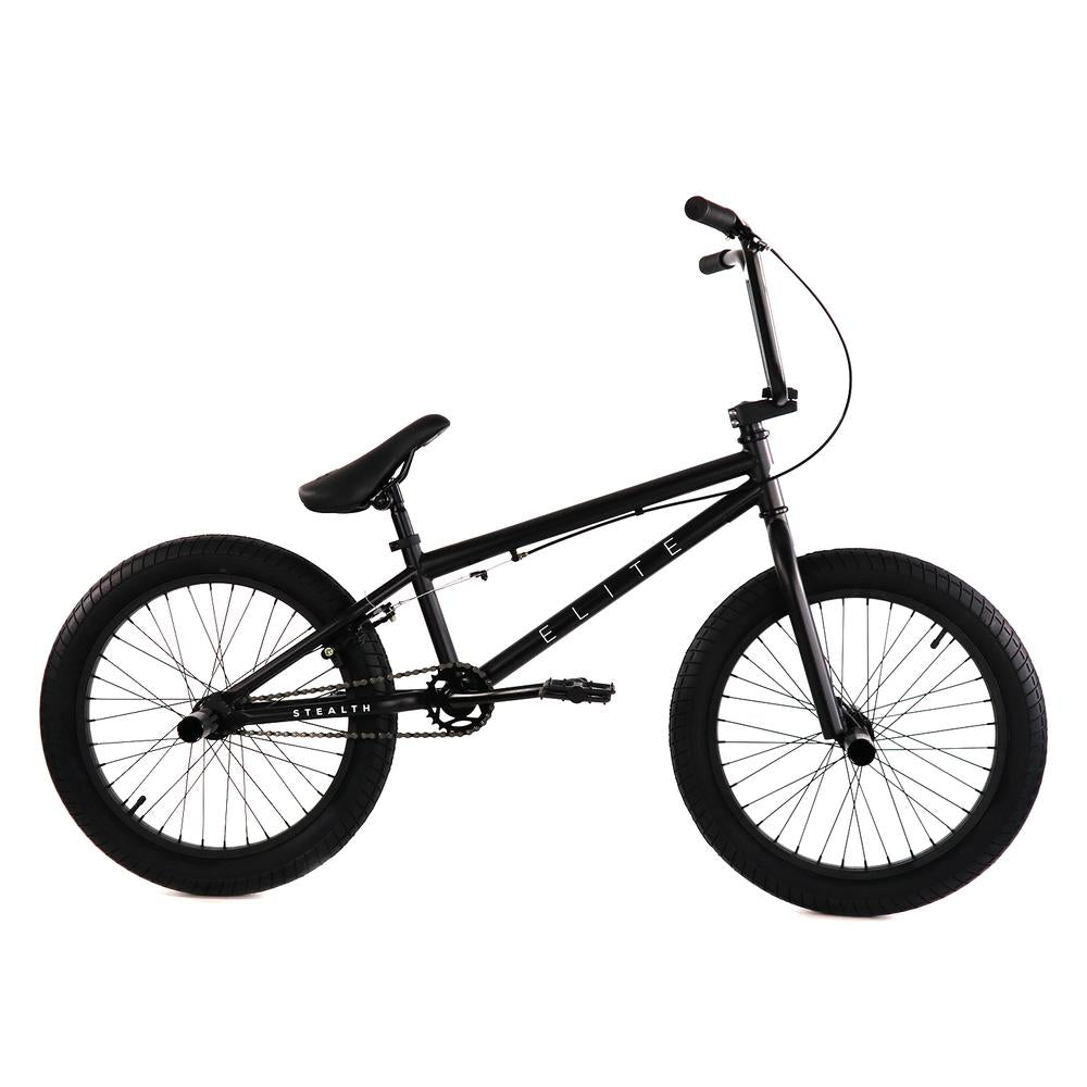 angled front view of the 20" Elite BMX stealth Complete bmx bike in black