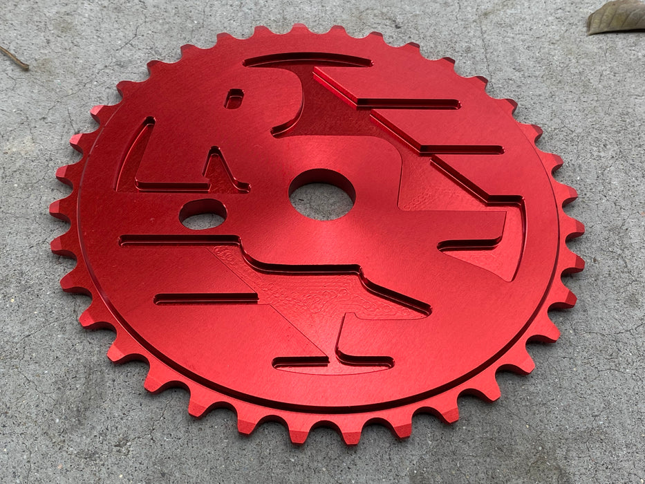 Front angle view of the Ride out supply ROS Sprocket in red, big bmx sprocket