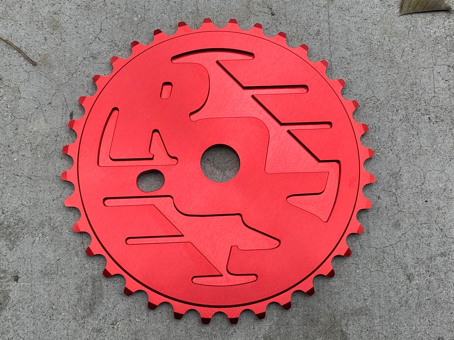 Front view of the Ride out supply ROS Sprocket in red, big bmx sprocket