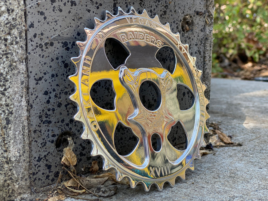 Front view of the Puff Raiders sprocket in polished