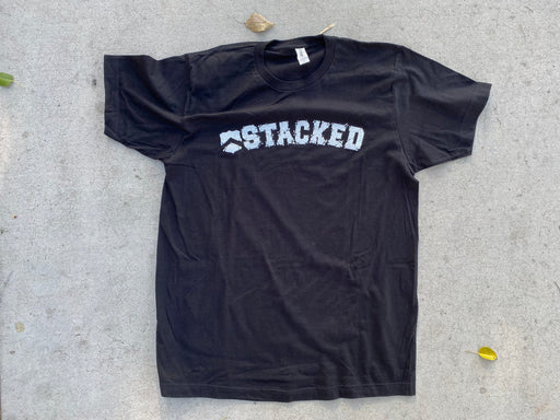 Front view of the Stacked BMX Earthquake t-shirt in black