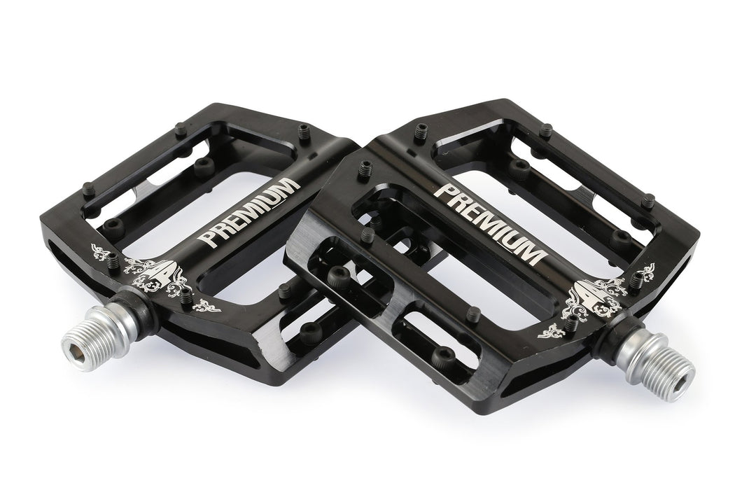 Top view of the Premium PP PC pedals in black, alloy mountain bike pedal, alloy bmx pedals, bmx pedals