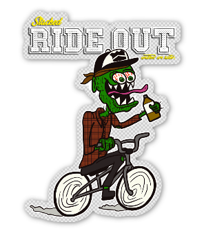 Front view of the Stacked OG Rideout sticker in clear