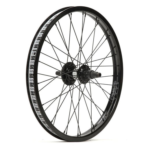 Side view of the cult crew V2 cassette rear wheel in black, bmx wheel, cassette rim, 20 inch bmx wheel