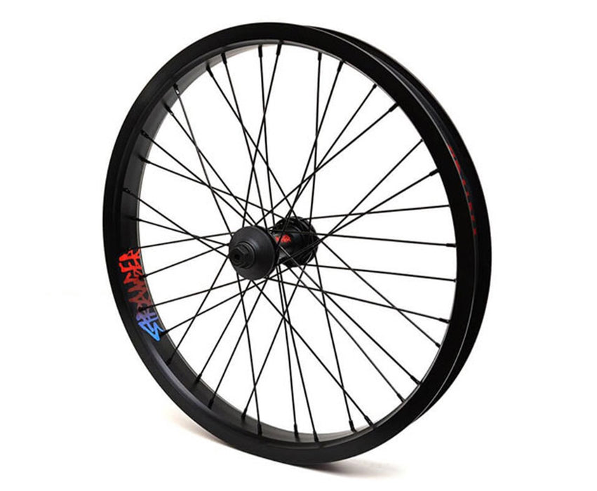 Side view of the Stranger Crux XL front wheel in black, 20 inch bmx wheel