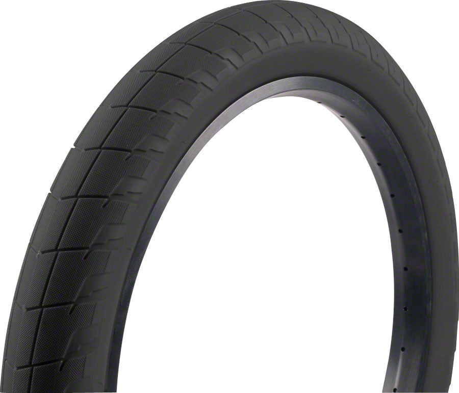 front and side view of the Eclat fireball tire in black,BMX tire, bmx street tire, 20 inch bike tire