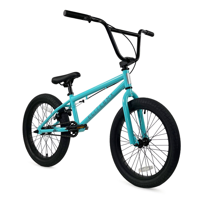angled front view of the 20" Elite BMX stealth Complete bmx bike in teal