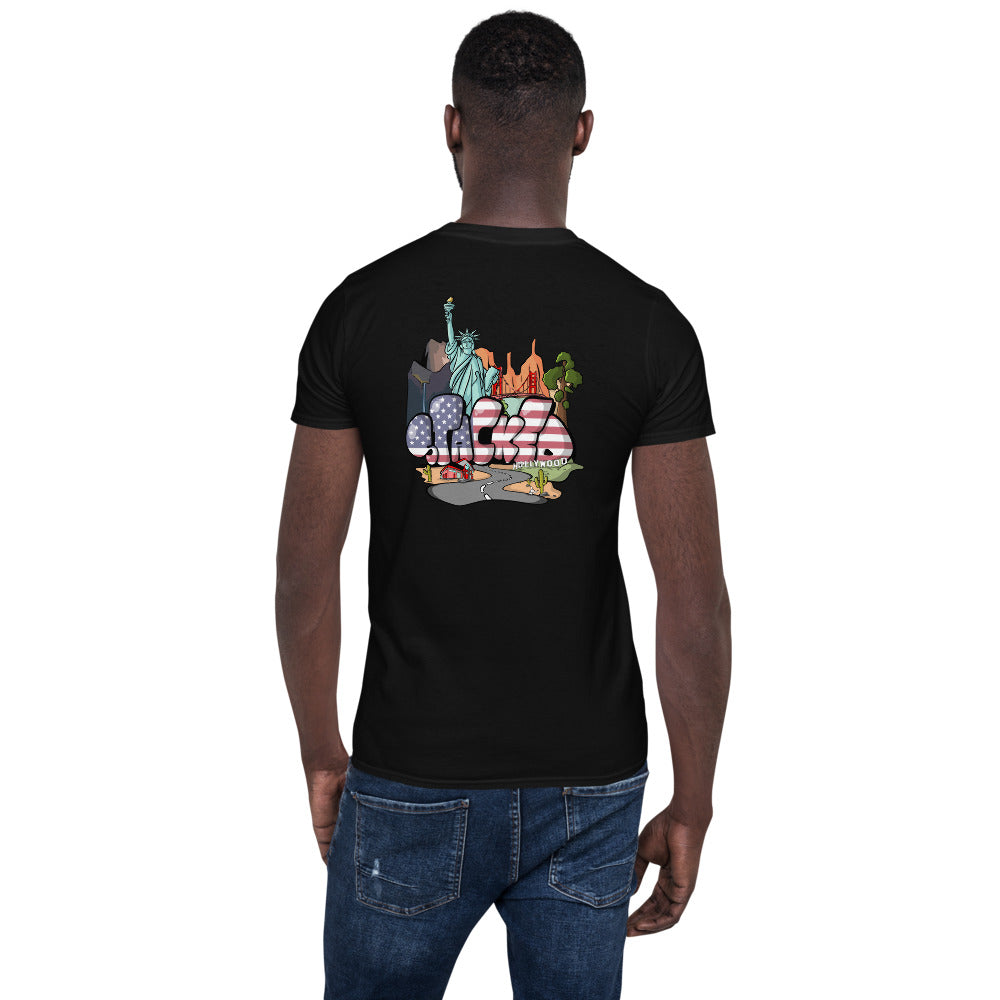 Back view of the Stacked Road trip t-shirt in black, US flag t-shirt, Statue of liberty t-shirt, desert t-shirt
